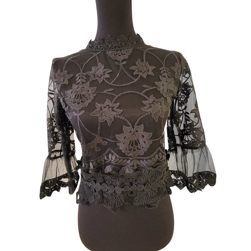 Runway Paris Black Shear Mesh See Through Ruffle Top Size Small